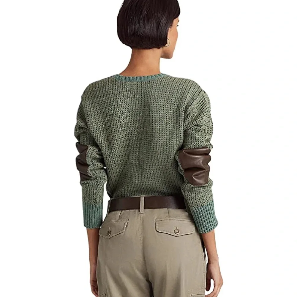 Lauren Ralph Lauren Multi Faux-Leather-Trim Wool-Blend Sweater Size L NWT 185$ - Picture 2 of 7